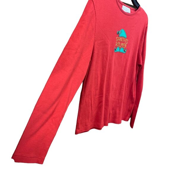 Xmas Santas Helper Novelty Tshirt MC Sportswear L Red Elf Rhinestones Kitschy - Picture 3 of 10